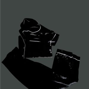 Black Satin Pajama Set with White Piping